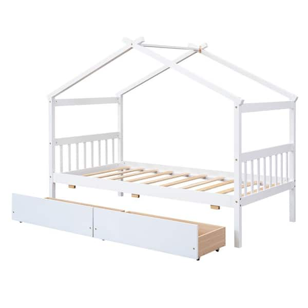 Urtr House-shaped White Twin Bed With Drawer Wooden Twin House Bed For 