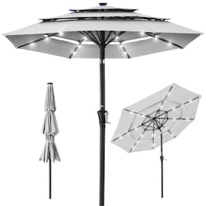 10 ft. Steel Market Solar Tilt Patio Umbrella with 24 LED Lights, Tilt Adjustment, Easy Crank in Fog Gray