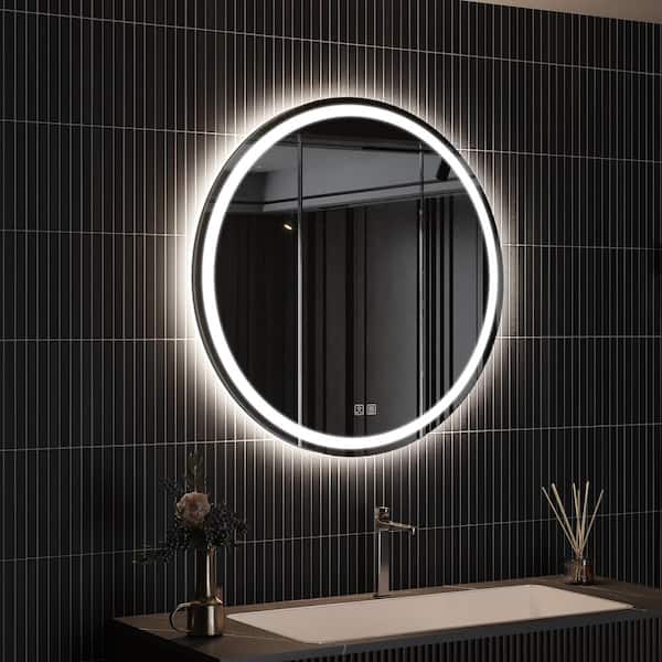 HOMEIBRO 24 in. W x 24 in. H Round Frameless LED Light with 3-Color and Anti-Fog Wall Mounted Bathroom Vanity Mirror