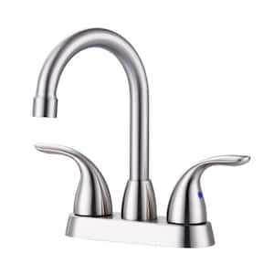 4 in. Centerset Double Handle Low Arc Bathroom Faucet with Pop up Drain Included Supply Lines in Brushed Nickel