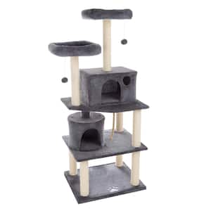 Dark Gray 5-Tier Cat Tower with 8 Scratching Posts, 2 Cat Condos, Hanging Toys, and 2 Perches for Kittens or Cats