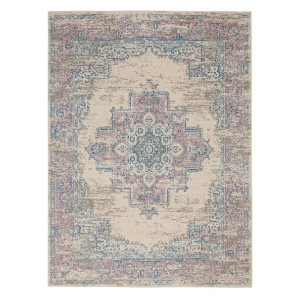 6 ft. x 9 ft. Ivory Pink And Blue Medallion Area Rug