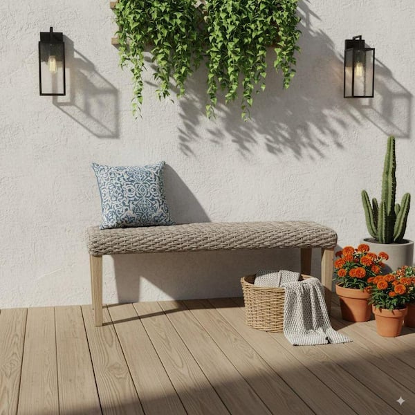 Naples Light Grey Acacia Wood Armless Water Resistant Wicker Outdoor Bench