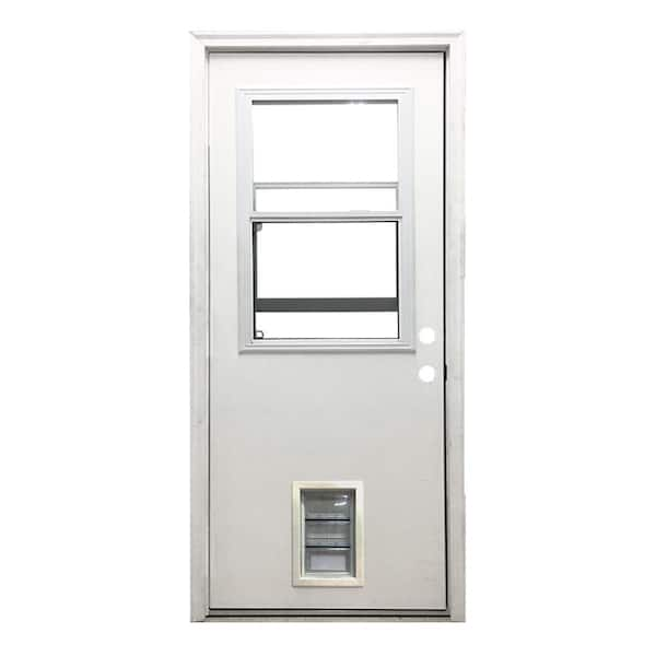 Steves & Sons 32 in. x 80 in. Reliant Series Clear Vented Half Lite LHIS White Primed Fiberglass Prehung Back Door with Med Pet Door