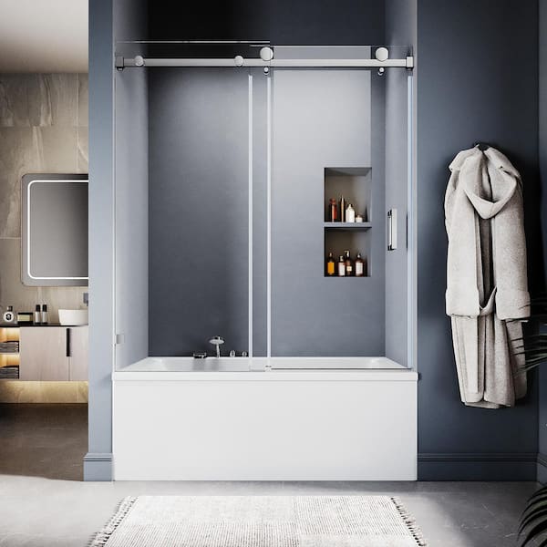 UKS05 56 to 60 in. W x 66 in. H Sliding Frameless Bathtub Door in Chrome with EnduroShield 3/8 in. SGCC Clear Glass