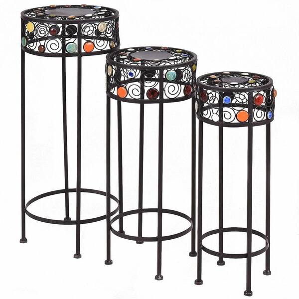 SUGIFT Outdoor Black Metal Plant Stands with Crystal Floral Accents Round (Set of 3)