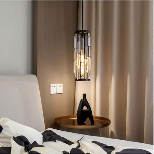 1-Light Black Modern Mini Cylinder Pendant Light Transitional Crystal Pendant Ceiling Light
