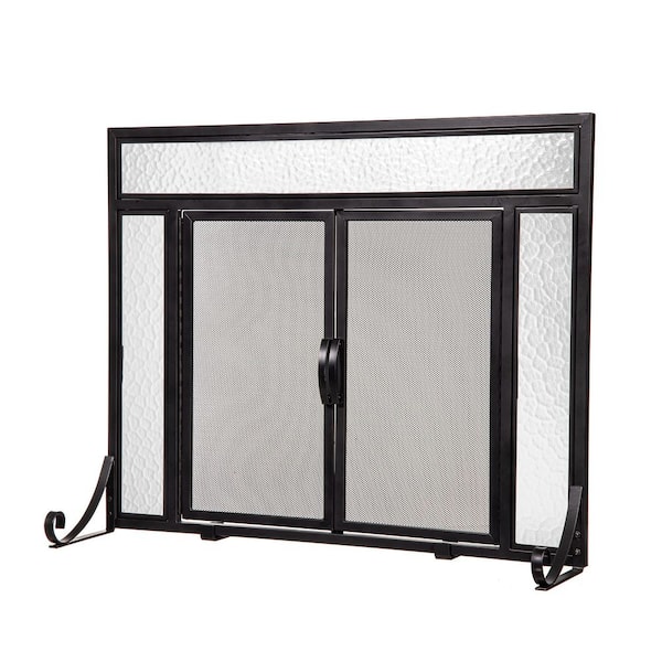 42 in. x 34 in. Mesh Weave Black Metal 1-Panel Fireplace Screen with Doors and Glass Borders