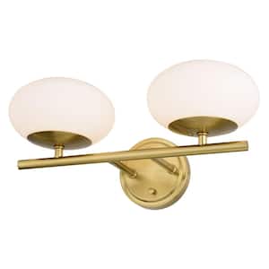 Sloane 16 in. W 2-Light LED Gold Vanity Light Satin Brass Mid-Century Modern Bathroom Wall Fixture White Glass Globes