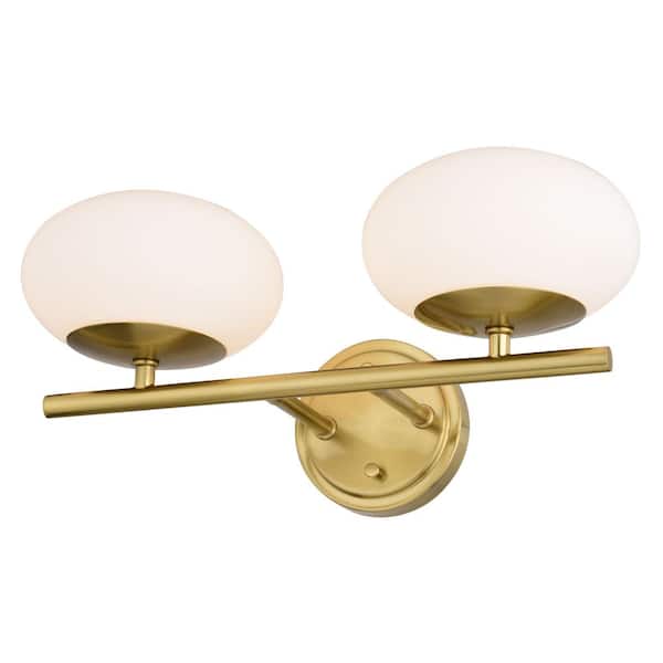 VAXCEL Sloane 16 in. W 2-Light LED Gold Vanity Light Satin Brass Mid-Century Modern Bathroom Wall Fixture White Glass Globes