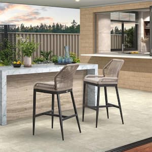 Modern Aluminum Twill Wicker Woven Bar Height Outdoor Bar Stool with Back and Dark Gray Cushion (2-Pack)