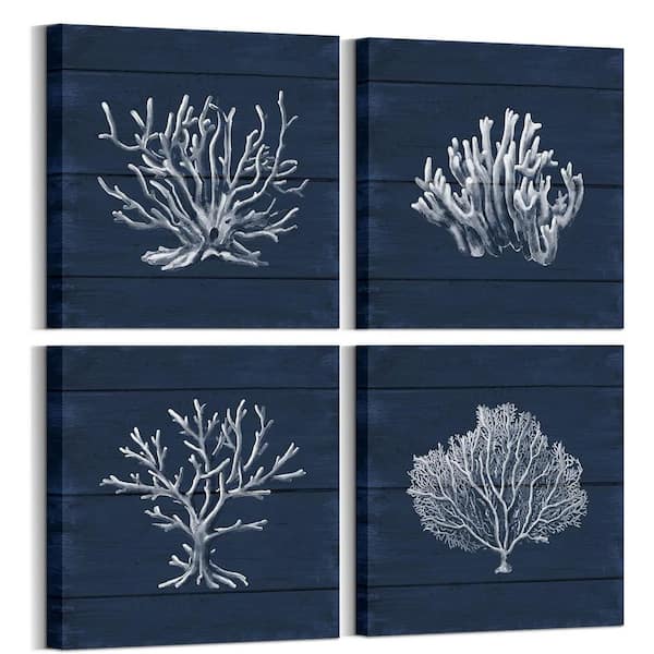 Unbranded 4-Piece 12 x 12 in. Framed Coral and Navy Blue Coastal Canvas Wall Art for Beach Home Decor