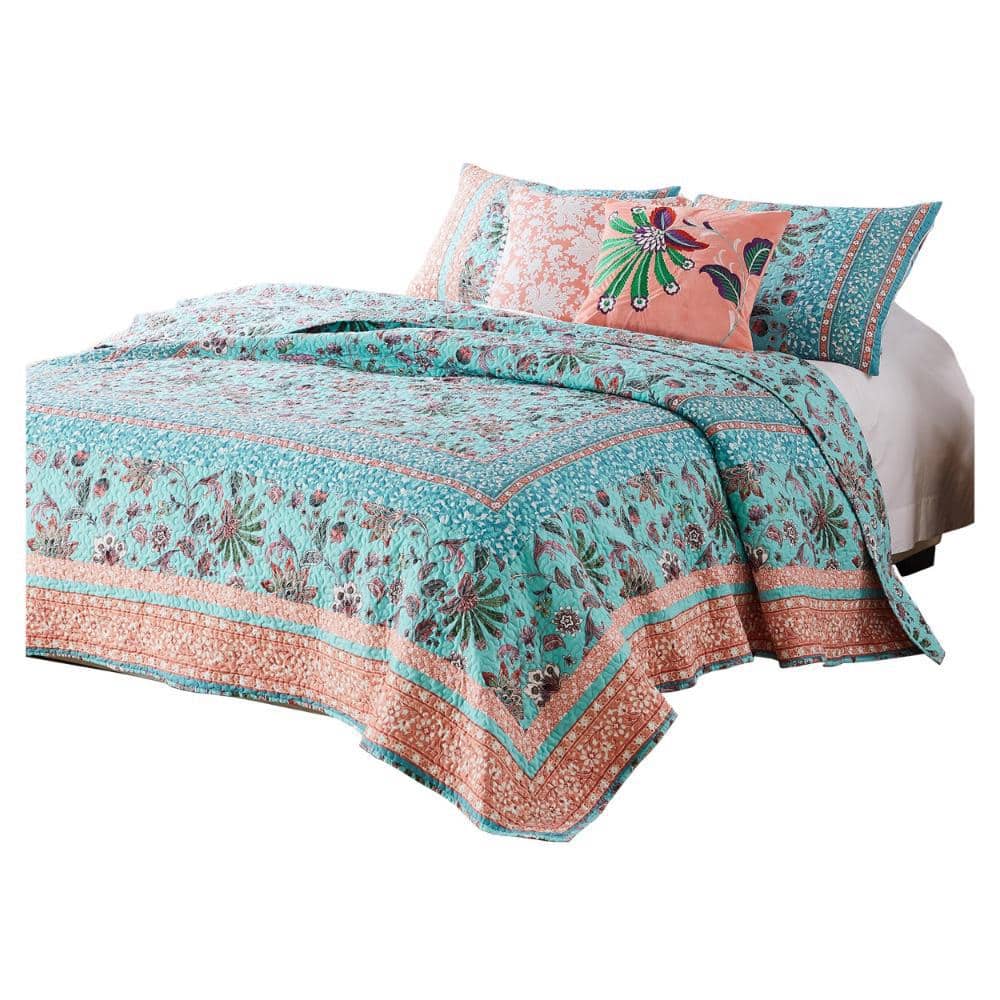 Turquoise and Coral Reversible Full Microfiber Quilt Set