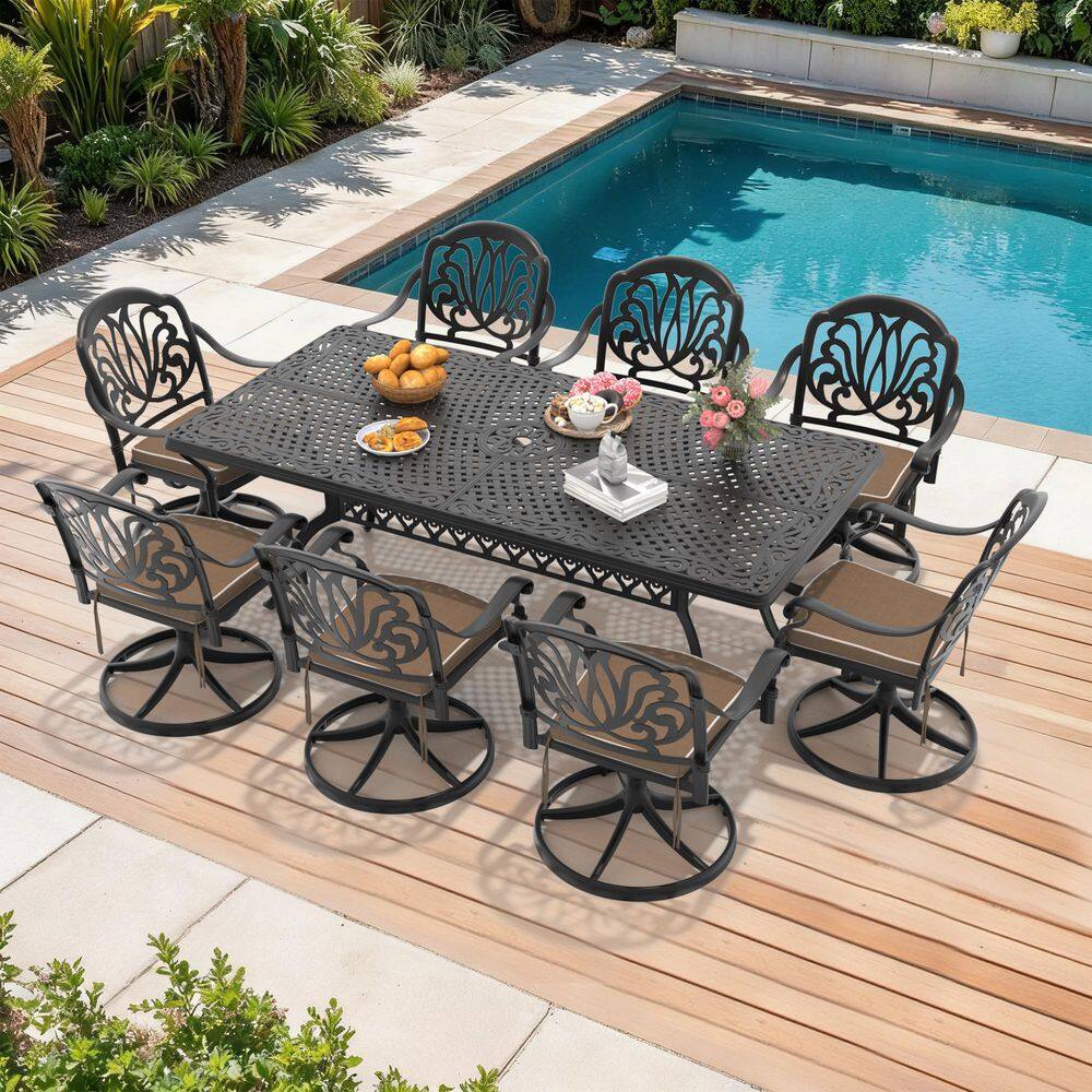 Black 9-Piece Cast Aluminum Outdoor Dining Set with 8 Swivel Rockers with Brown Cushion and Rectangular Table price history on PriceWatchPro