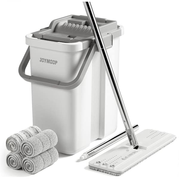 Mop and Bucket Set, 4 Washable and Reusable Microfiber Pads, Hands Free Flat Mop, Stainless Steel Handle