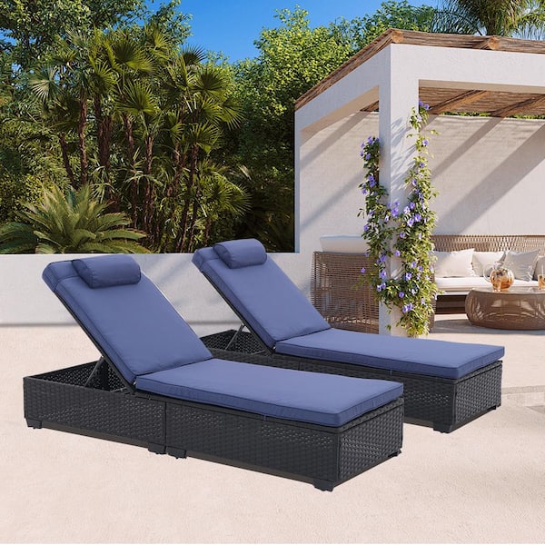 Unbranded 2-Piece Black Wicker Outdoor Chaise Lounge with Adjustable Backrest and Blue Cushions