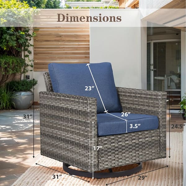 Gray Swivel Wicker Outdoor Rocking Chair with Blue Cushions and Glide Function (2-Pack)
