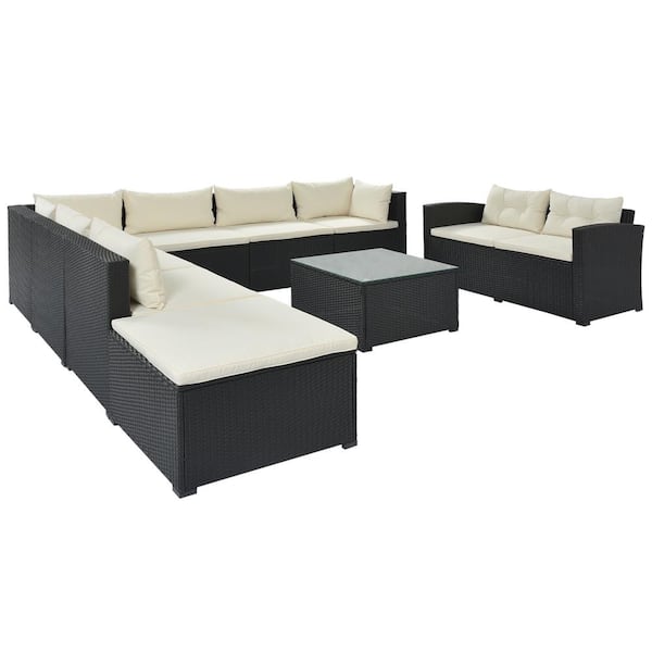 GOSHADOW Black 9-piece Wicker Patio Conversation Sectional Seating Set with Beige Cushions