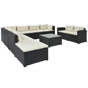 Black 9-Piece Wicker Patio Conversation Set, Outdoor Rattan Sectional Sofa Set with Table, Ottoman, Beige Cushion