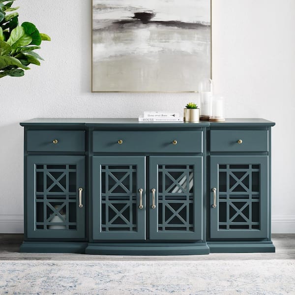 Landon Fretwork 60 in. Dark Teal 4-Door Sideboard with 3-Drawers