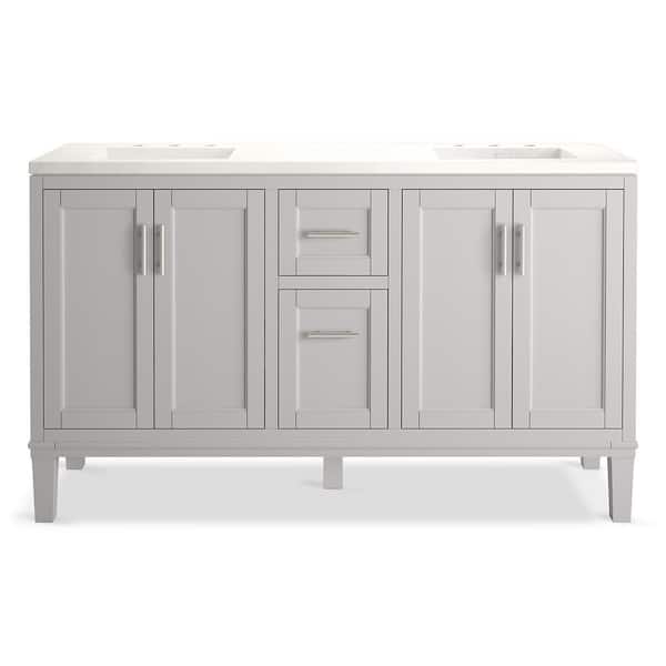 Chesil 60in. Double Sink Freestanding Atmos Grey Bath Vanity with Bianco Bella Quartz Top Assembled