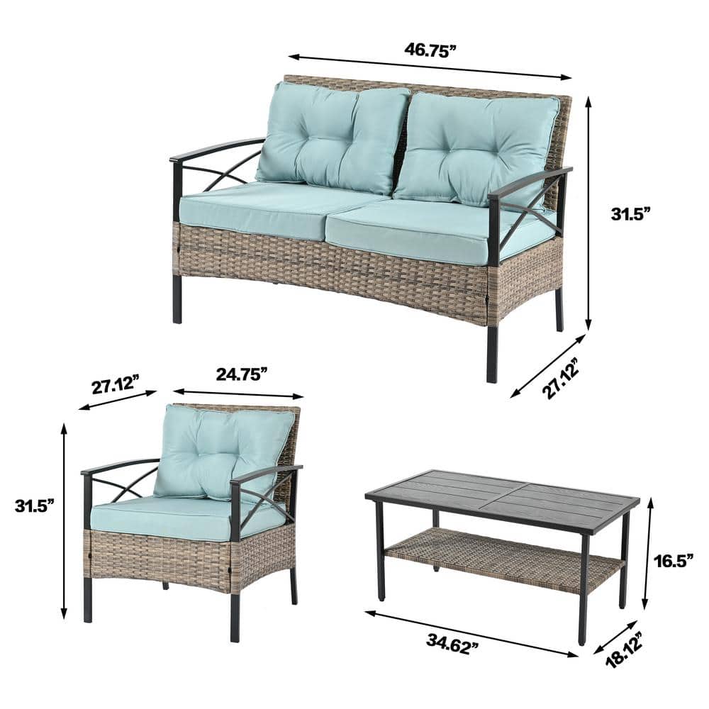 4-Piece Black Iron and Wicker Patio Set with Blue Cushions