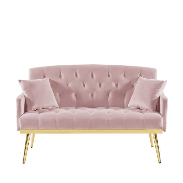 Sudzendf Pink Wood Velvet Upholstered Loveseat Couch with 2 Pillows and Golden Metal Legs
