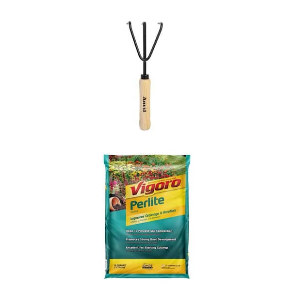 8 qt. Organic Perlite Soil Amendment and 5-2/5 in. Wood Handle Hand Cultivator Combo