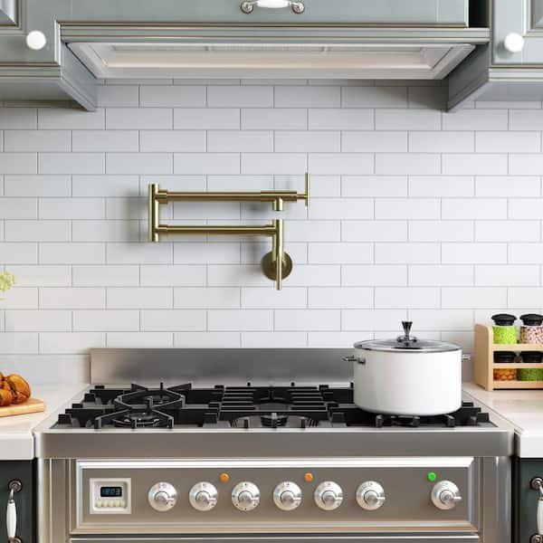 Retro Single Hole 2-Handles Wall Mount Kitchen Faucet Double Joint Swing Arm Pot Filler Folding Kitchen Faucet in Gold