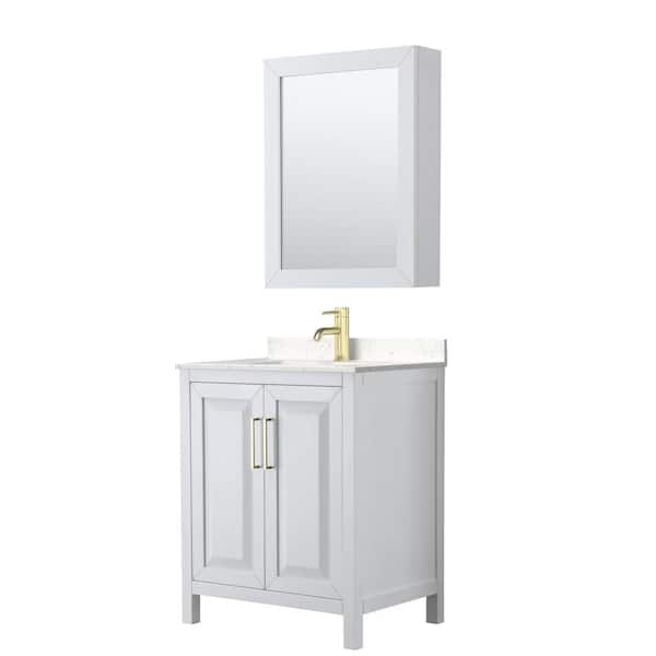 Wyndham Collection Daria 30 in. W x 22 in. D x 35.75 in. H Single Sink Bath Vanity in White with Carrara Cult. Marble Top and MedCab Mirror