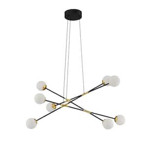 CALIPSO 8-Light Black and Brass Sputnik Integrated LED Pendant Light with White Glass Shade