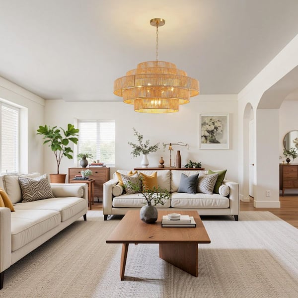 12-Light Natural Adjustable Gold Dimmable 5-Tier Hand-Woven Chandelier with Rattan Shaded for Living Room