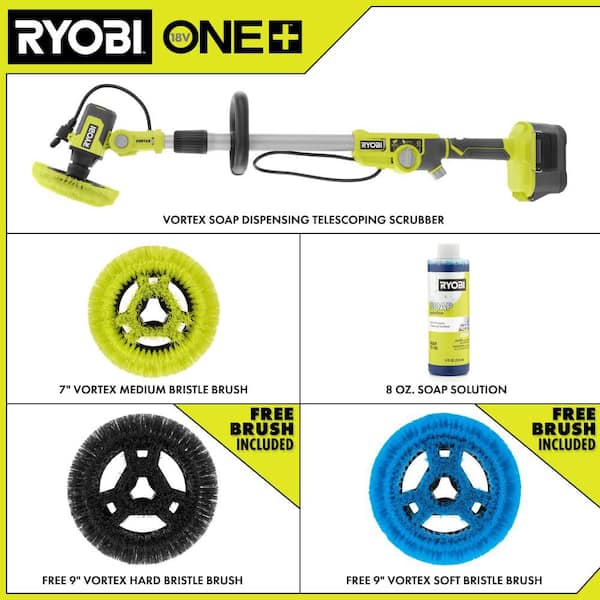 ONE+ 18V Cordless Soap Dispensing Scrubber (Tool Only) with (2) 9 in. VORTEX Hard and Soft Brushes