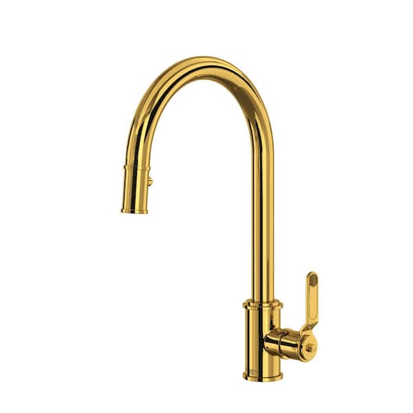 Armstrong Single Handle Pull Down Sprayer Kitchen Faucet in Unlacquered Brass