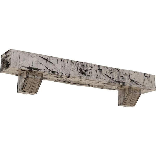 Ekena Millwork 4 in. x 8 in. x 3 ft. Hand Hewn Faux Wood Fireplace Mantel Kit with Ashford Corbels, Burnished Pine