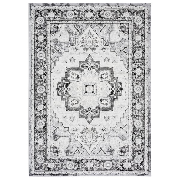 Brentwood 5 ft. x 8 ft. Black/Ivory Medallion Distressed Ornate Area Rug