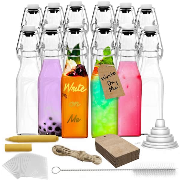 8.5 oz. Square Swing Top Glass Bottles with Bottle Brush, Funnel, Tags, Shrink Wrap and Marker (Set of 12)