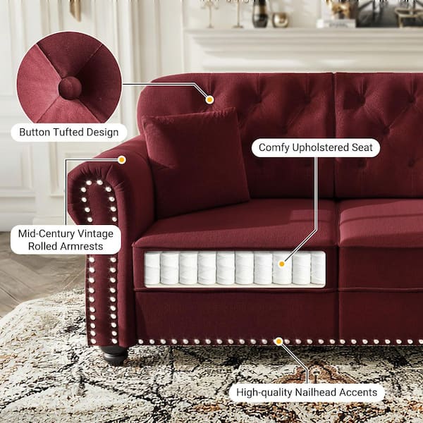 Polibi 63 in. Rolled Arm Velvet Sofa in Burgundy with Nailhead