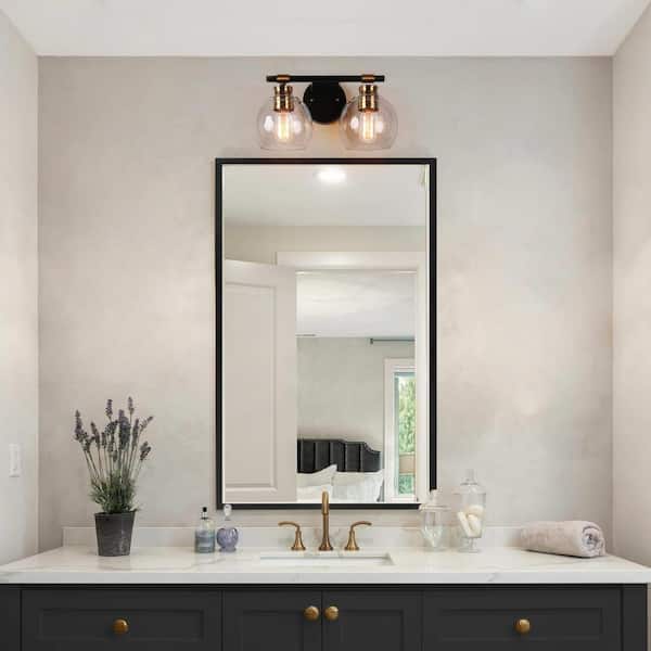 Zevni 14 in. 2-Light Modern Black Bathroom Vanity Light, Rustic Vintage  Brass Vanity Light, Globe Seeded Glass Wall Sconce Z-F7M7NYJF-4542 - The  Home Depot
