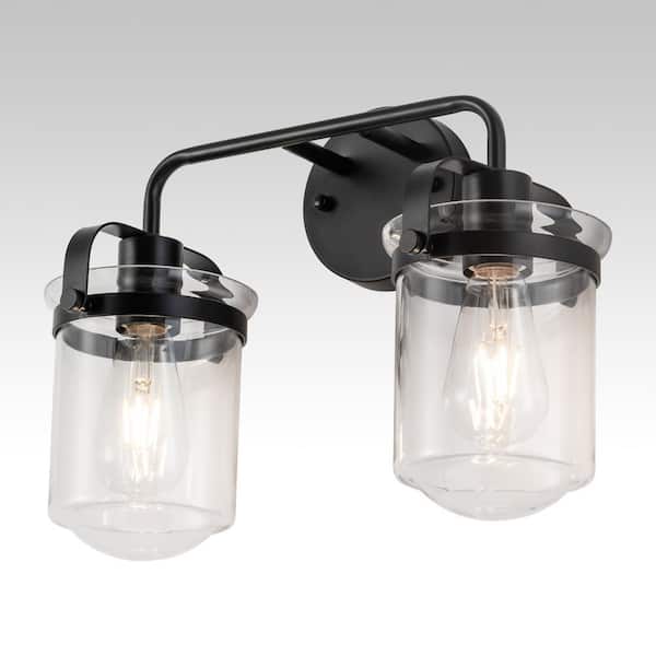Keazile Kira 16 in. 2-Light Black Industrial Bathroom Vanity Light with Clear Glass Shade and E26 Socket