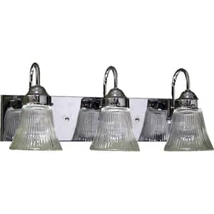 Marti 3-Light Indoor Chrome Bath or Vanity Light Wall Mount or Wall Sconce with Clear Ribbed Glass Bell Shades