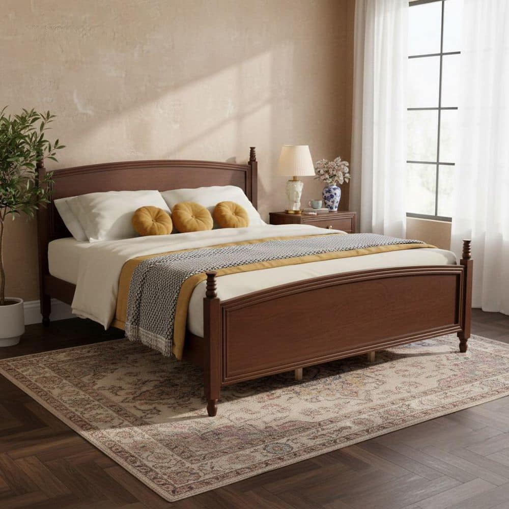 Pandora Walnut Brown Wood Frame King Size Platform Bed with Curved Headboard and Turned Posts price history on PriceWatchPro