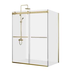 Spezia 68 in. W x 76 in. H Rectangular Sliding Semi Frameless Corner Shower Enclosure in Brushed Gold with Clear Glass