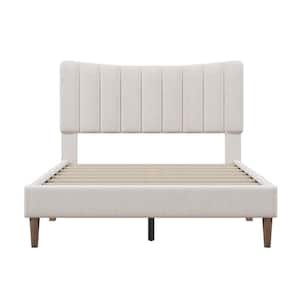 Beige Cream Upholstered Frame Full Size Platform Bed with Tufted Headboard