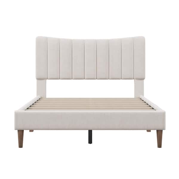 MOJAY Beige Cream Upholstered Frame Full Size Platform Bed with Tufted Headboard