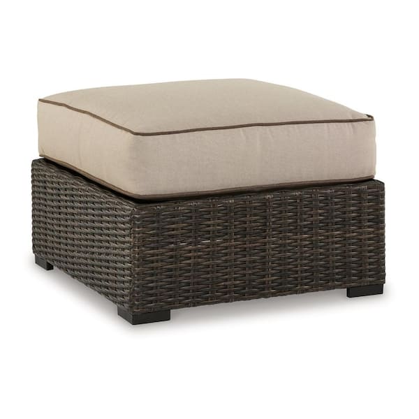 Benjara Waga Brown Aluminum Outdoor Ottoman with Beige Cushion