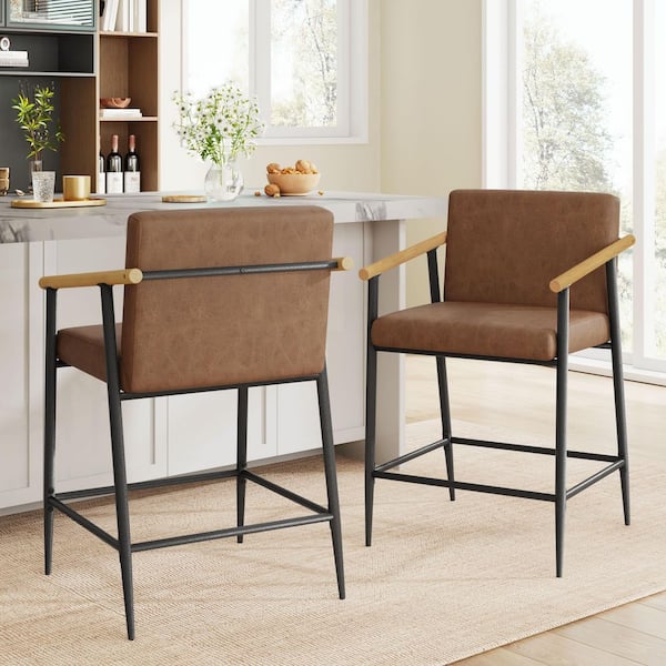 CHRISTOPHER KNIGHT HOME Bianca Reddish Brown Upholstered Fabric Mid-Century Modern Counter Stools with Black Metal Frame (Set of 2)