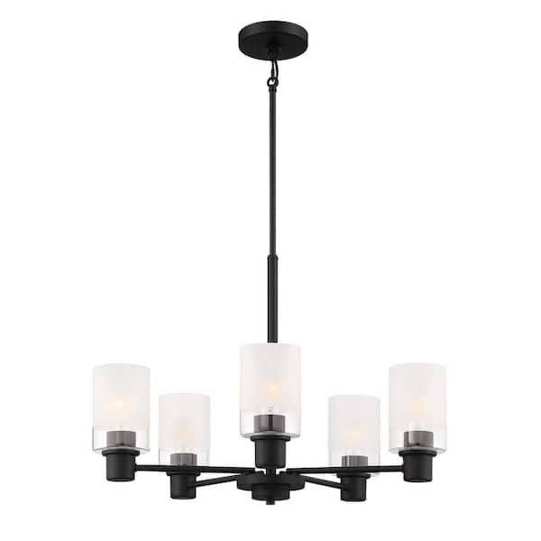 Designers Fountain Cedar Lane 5-Light Modern Matte Black Chandelier with Clear Etched Glass Shades For Dining Rooms