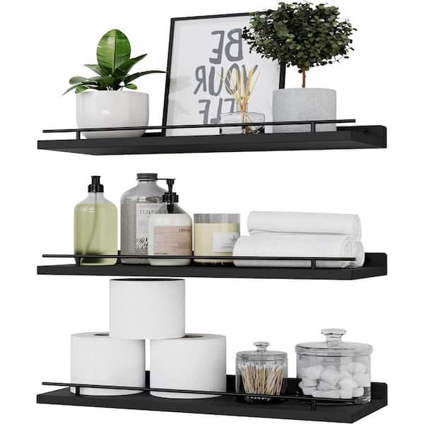 15 in. W x 6 in. D All Black Floating Shelves with Metal Guardrail Decorative Wall Shelf (Set of 3)