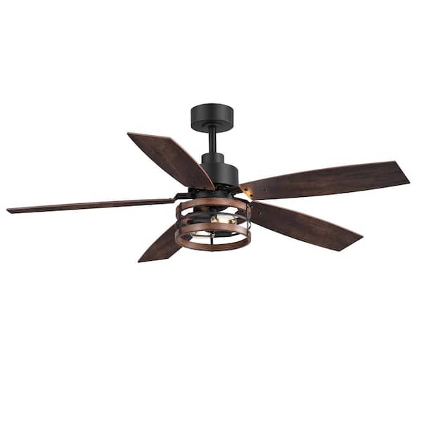 52 in. Indoor Black Farmhouse Downrod Mount Walnut Modern Ceiling Fan with Light Kit and Remote Control